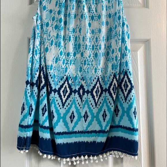 Pretty Rafaela Blue Print Sleeveless Linen Top with white decorative puff balls - Picture 3 of 8